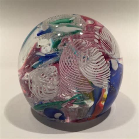 Colorful Murano Art Glass Paperweight Latticino And Ribbon Scramble