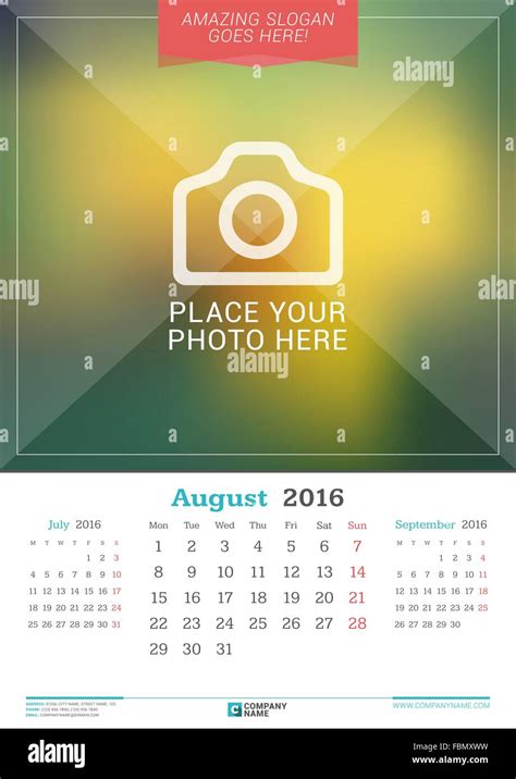 August 2016 Wall Monthly Calendar For 2016 Year Vector Design Print