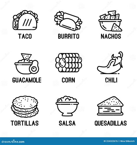 Mexican Food Icons Set Outline Style Stock Vector Illustration Of