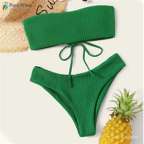 Para Praia 2022 Sexy Bandeau Bikini Female Brazilian Bikini Set High Cut Swimwear Green Women