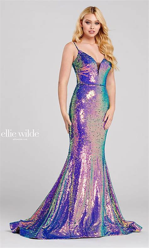 Long Iridescent Sequin V Neck Prom Dress Ellie Wilde Prom Dresses V