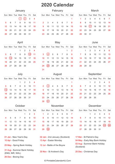 2020 Calendar With Uk Bank Holidays At Bottom Portrait Layout