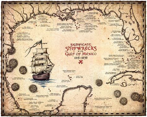 Shipwreck Map Of The Gulf Of Mexico Artwork 15 X 19 Shipwrecks