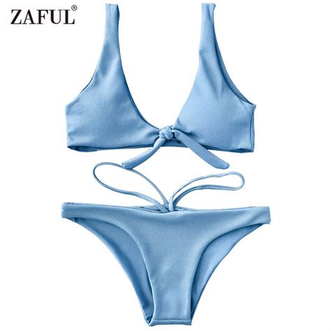 Zaful Bikini 2018 Textured Knotted Swimwear Women Scoop Bikini Set Sexy