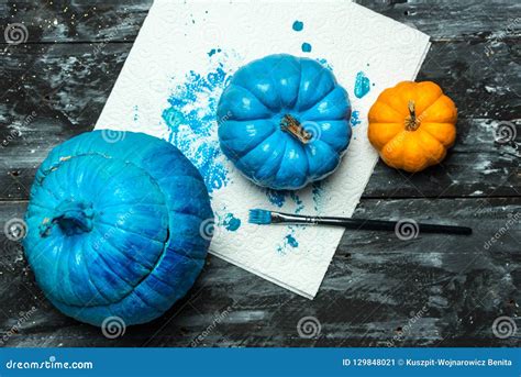 Do It Yourself Painting Halloween Pumpkins In Blue Stock Image Image