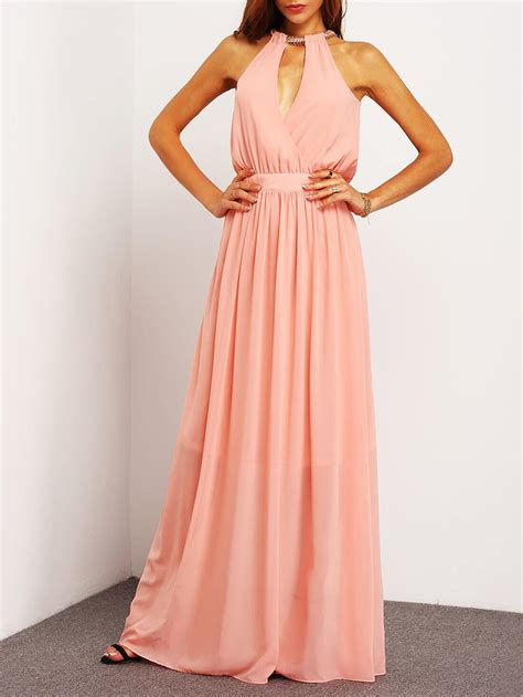 Pink Sleeveless Halter Maxi Dress Sheinsheinside