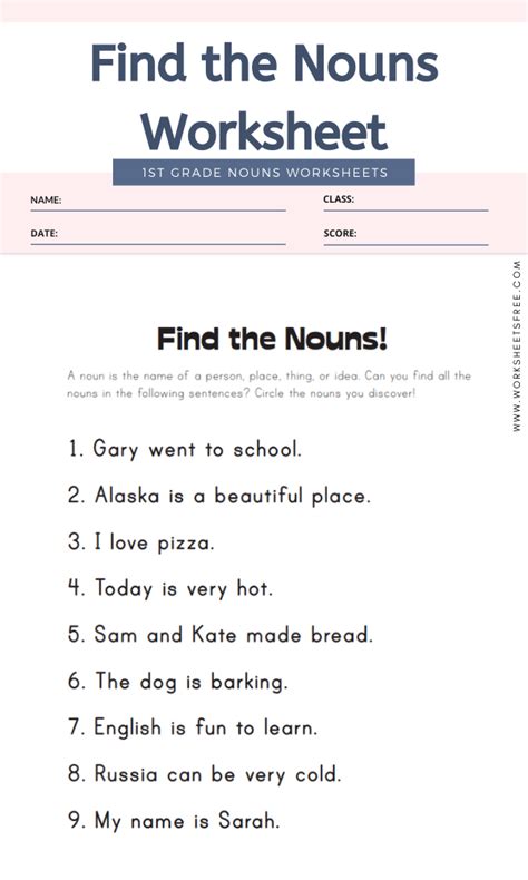 Find The Nouns Worksheet A Noun Is The Name Of A Person Place Thing