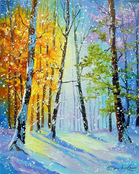 Morning Snowfall In The Forest Painting By Olha Darchuk