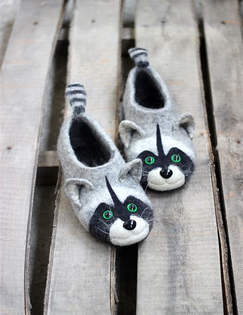 Raccoon Premium Slippers Coon Handmade Eco Wool Flat Etsy
