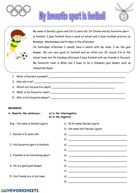 My Favourite Sport Is Football Interactive Worksheet Reading