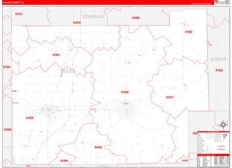 Coles County Il Zip Code Wall Map Red Line Style By Marketmaps