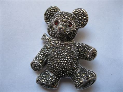 Teddy Bear Pin Sterling Silver Marcasite Vintage Sale