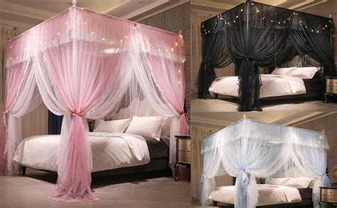 Vethin 4 Corners Post Ruffle Princess Bed Canopy Curtain