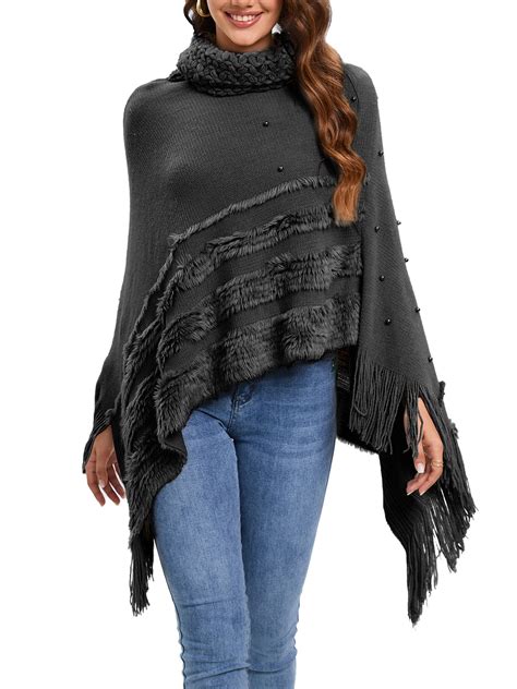 Sayfut Womens Hooded Poncho Cape Shawl Knitted Sweater Turtleneck
