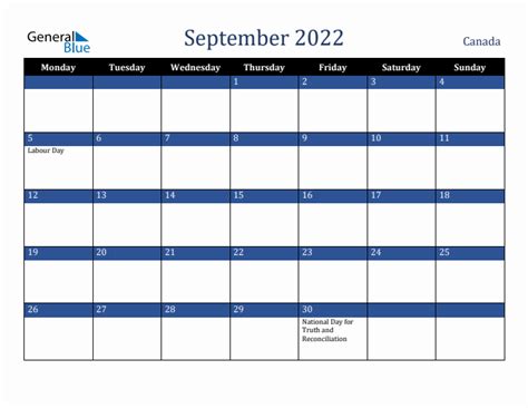 September 2022 Canada Monthly Calendar With Holidays