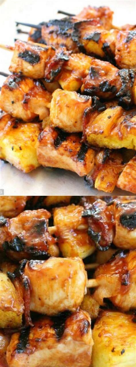 Wrap the chicken chunks with bacon, and thread onto skewers so that the bacon is secured. These BBQ Chicken Bacon Pineapple Kabobs from Butter with ...