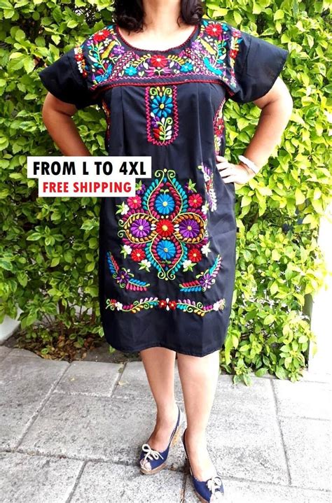 Mexican Embroidered Dress Xl Black Mexican Embroidery Dress Etsy