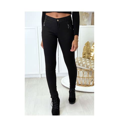 Pantalon Slim Noir En Strech Avec Zip Et Su Dine Pantalon Femme Pas Cher