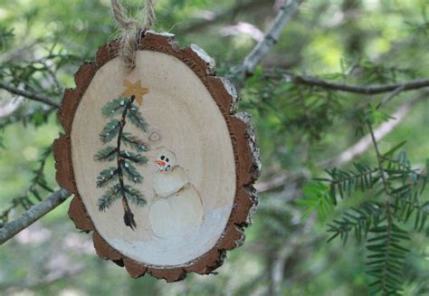 Snowman With Tree Wooden Disc Christmas Ornament Christmas Ornament