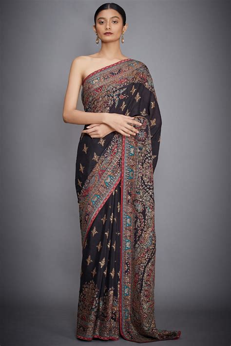 buy black silk chinon embroidered saree for women by ri ritu kumar online at aza fashions