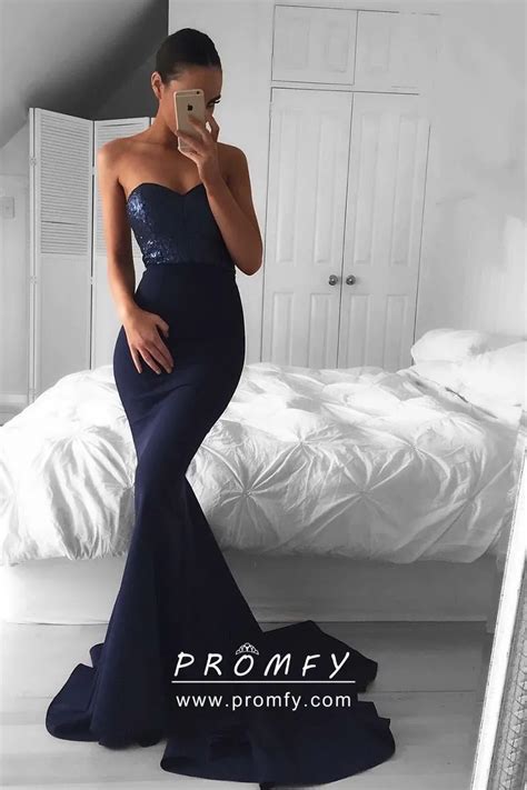 Navy Blue Sequin And Spandex Mermaid Long Prom Dress Promfy