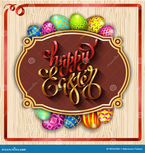 Multi Colored Easter Eggs On A Wood Background With The Hand Drawn