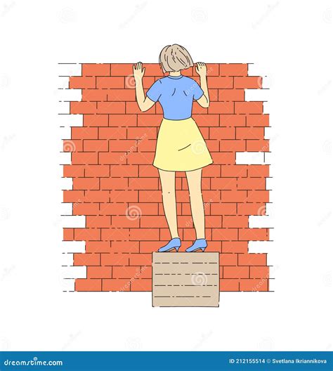 Woman Peeping From Behind Wall Girl Stands On Box And Peeps At Someone