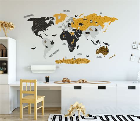 Naklejka na ścianę - Mapa świata żółto-czarna | dekorillo.pl