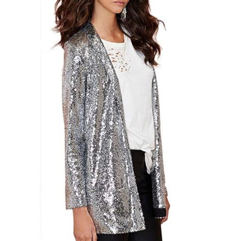 silver sequin open front blazer womens dress jackets edgy couture