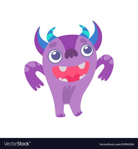 Cute Horned Monster Funny Purple Alien Cartoon Vector Image