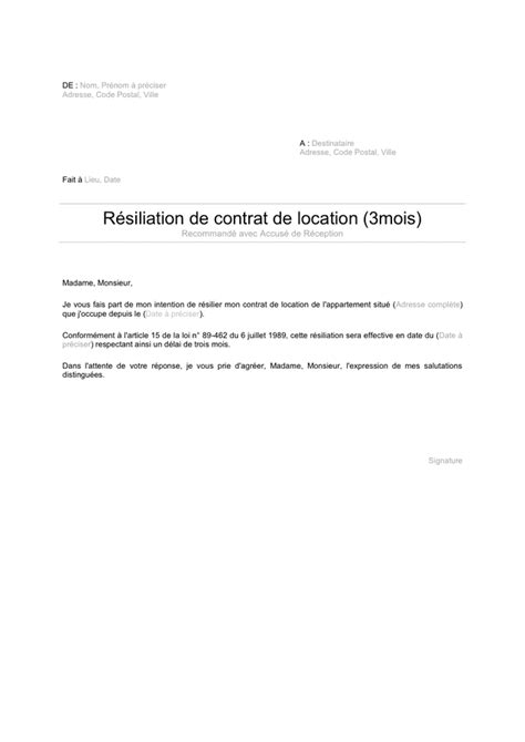 Lettre de résiliation d un bail avec préavis de 3 mois DOC PDF