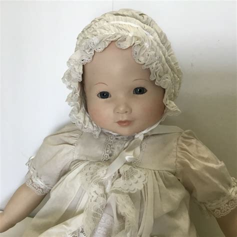 Vintage Porcelain Baby Doll Antique Beige Christening Gown And Bonnet