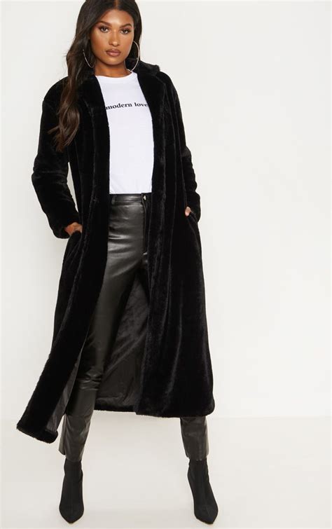 Black Longline Faux Fur Coat Womens Faux Fur Coat Fur Coats Women