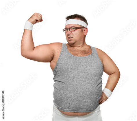 Funny Overweight Nerd Showing Off His Muscle Isolated On White