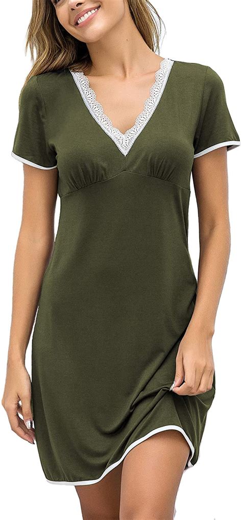Ekouaer Night Shirts Women Nightgowns Sexy Sleep Shirts Lace Trim V