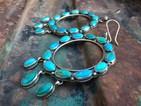 Big Turquoise Cluster Hoop Earrings By Navajo Annie Hoskie Native