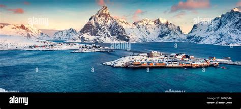 Aerial Morning Cityscape Of Sakrisoy Port Panoramic View Of Lofoten