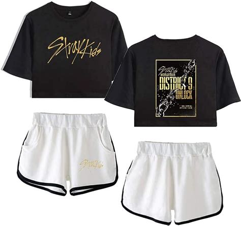 Flyself Girls Kpop Stray Kids Crop Top T Shirt Shorts Set Printed