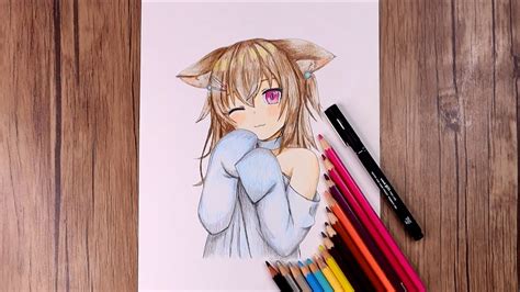 How To Draw A Cat Girl Anime With Colored Pencils Blinking Anime Girl