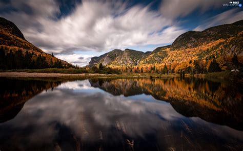 Reflection Trees Autumn Viewes Clouds Mountains Lake Woods