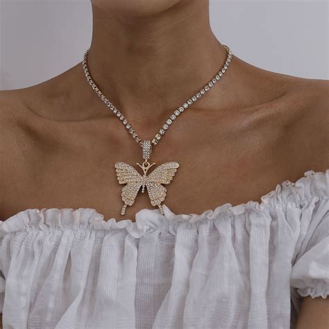 Butterfly Choker Necklace Crystal Silver Gold Handmade Jewelry Lady