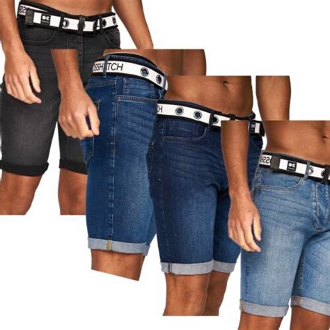 Mens Crosshatch Belted Stretch Denim Roll Up Shorts Jeans Knee Length Summer Ebay