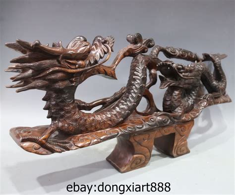 32 Chinese Redwood Handwork Carving Zodiac Fengshui Animal Two Dragon