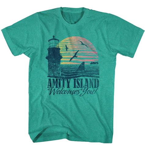 Jaws T Shirt Amity Island Welcomes You Lighthouse Mahi Heather Tee