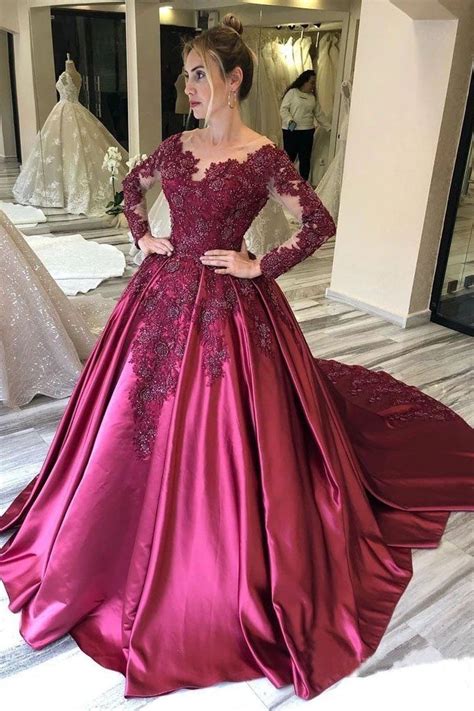 ball gown long sleeves burgundy satin beads prom dresses with appliques quinceanera dress