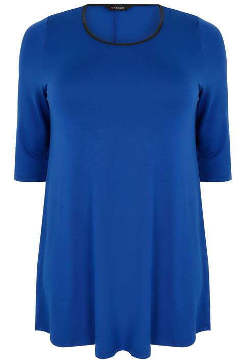 cobalt blue longline jersey swing top with pu trim and half sleeves plus size 16 to 36