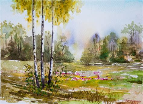 Summer Landscape Watercolor Painting Original Art Forest Etsy