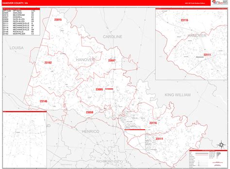 Hanover County Va Zip Code Wall Map Red Line Style By Marketmaps
