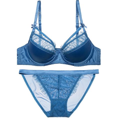 new luxury blue bra set women sexy eyelash lace hollow out strappy satin glossy lingerie sets