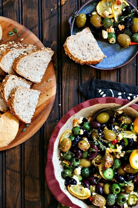 Garlic Roasted Olives With Lemon Thyme Feta And Peppers From